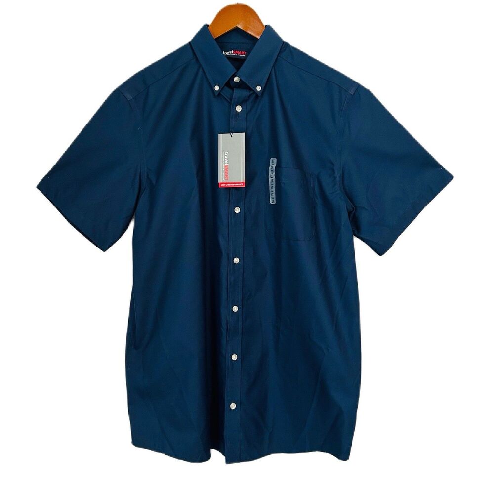 Roundtree & York Button Up Shirt Men L Tall Navy Travel Smart Office Classic NWT